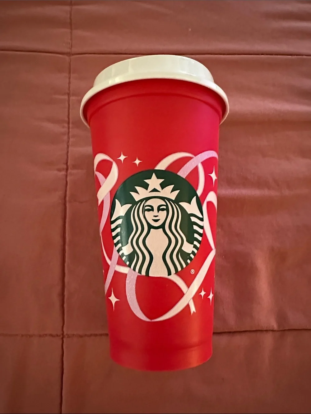 Starbucks Red Cup with White Swirl and Green Siren Logo